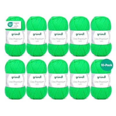 Abbildung von Gründl Wolle Lisa Premium Uni Strickgarn aus 100 % Polyacryl, Garn zum Häkeln/ Stricken 50 g / 133 m, 10 x Knäuel, Nadel: 3,5 4,5, Neongrün