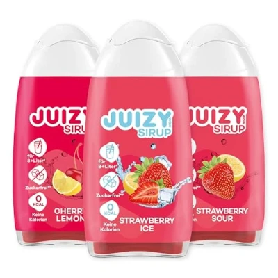 Abbildung von JUIZY WOW Sirup Zuckerfrei 3 x 65ml Red Mixed Bis 36L Natürlicher Getränkesirup Zero Kalorien Vegan 3er Bundle Strawberry Sour, Cherry Lemon, Ice More Juice Less Calories