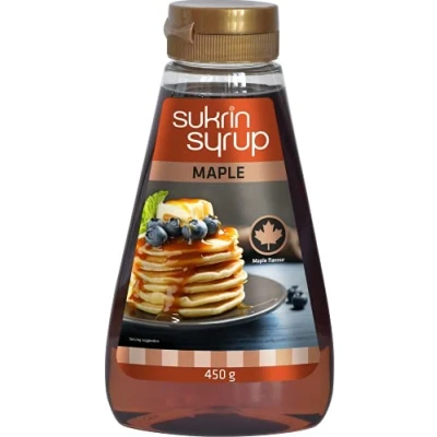Abbildung von Sukrin Syrup Maple dickflüssiger Ahornsirup mit reduziertem Kohlenhydratanteil zum Süßen und Backen 49% Ballaststoffen (450g Flasche)