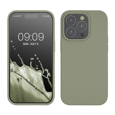 Abbildung von kwmobile Hülle für das iPhone 14 Pro dünnes Silikon Handy Case stoßfeste Handyhülle mit weicher Oberfläche unterstützt kabelloses Laden Graugrün