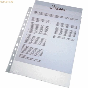 Abbildung von Esselte Prospekthüllen Set, 100 Stück, A4 Format mit Universal Lochung, Farblos matter Oberfläche, 0,043 mm PP Folie, 56133