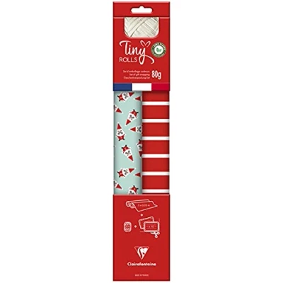 Abbildung von Clairefontaine 223890C Set Tiny Rolls, 2 Geschenkpapierrollen 5x0,35m, 80g + 1 Rolle Geschenkband 10 Geschenketiketten, rot/blau