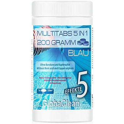Abbildung von GlobaClean Chlor Multitabs 5 in 1 200g Chlortabletten für Pool 1kg Blau Phasen Wirkung sichere und saubere Poolpflege Made Europe kristallklares hygienisches Poolwasser