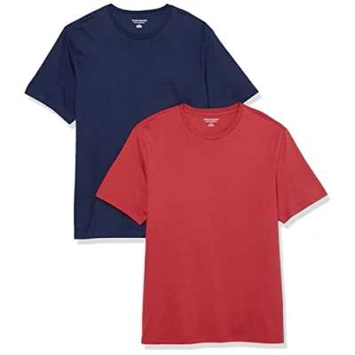 Abbildung von Amazon Essentials Herren Kurzärmliges T Shirt mit Rundhalsausschnitt in normaler Passform, 2er Pack, Dunkelrot/Marineblau, L