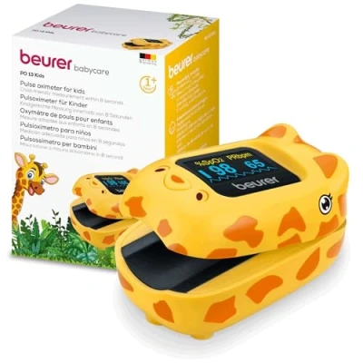 Abbildung von Beurer PO 13 Kids, Finger Pulsoximeter für Kinder ab 1 Jahr, sekundenschnelle Messung des Pulses und der Sauerstoffsättigung, kleines Format, automatische Display Ausrichtung, mit Gürteltasche