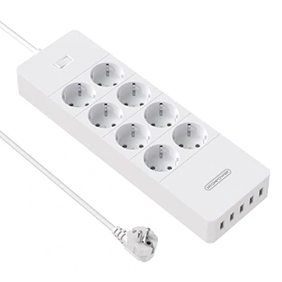 Abbildung von NTONPOWER 8 Fach Steckdosenleiste, 1700 J Mehrfachsteckdose Überspannungsschutz 5 USB mit Schalter und 1,5 Meter Verlängerungskabel, 4000W 16A, Weiß