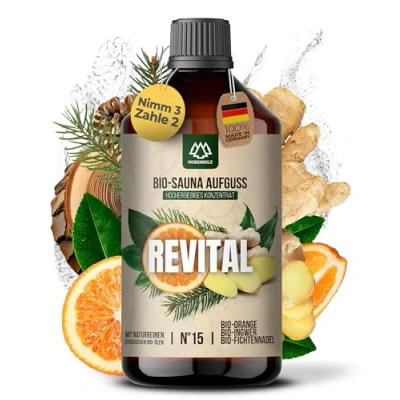 Abbildung von NORDHOLZ® Saunaaufguss BIO [NATURREINE ÄTHERISCHE ÖLE] Sauna Aufgussmittel #15 Revital 250ml Orange, Ingwer, Fichtennadel Aufguss