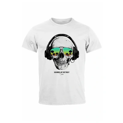 Abbildung von Neverless Totenkopf KOPFHÖRER Musik Party Skull Sonnenbrill Tshirt print, Herren, Größe: XS, Weiß