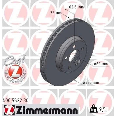 Abbildung von ZIMMERMANN 400.5522.30 Bremsscheibe 330 32 6/5 5 112 innenbelüftet, Verbundbremsscheibe beschichtet hochgekohlt MERCEDES BENZ: C Klasse Limousine