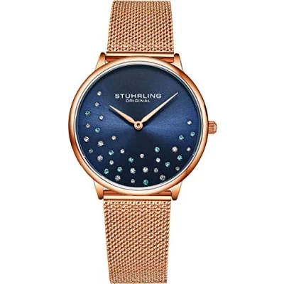 Abbildung von Stuhrling Original Damenuhr Krystal Diamond Analog Zifferblatt und Lünette, Edelstahlarmband 3909 Uhren für Damen Kollektion (Rose Gold)