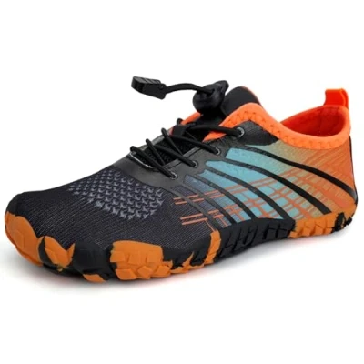 Abbildung von IceUnicorn Barfußschuhe Kinder Badeschuhe Junge Mädchen Barfussschuhe Aquaschuhe Atmungsaktiv Traillaufschuhe (Schwarz Orange,28EU)