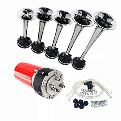 Abbildung von YIYIDA Autohupe Lufthupe Car Horn fünf Röhren Musikhupe 160db LKW Hupe 12V Trompete Dixie Elektrische Silberne Mehrfrequenz Soundhupe mit rotem Luftpumpe für Auto Schiffe usw
