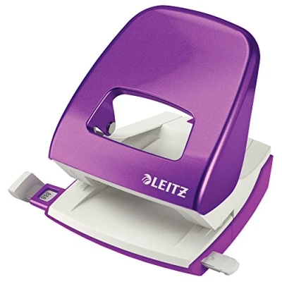 Abbildung von Leitz Büro Locher aus Metall, Für 30 Blatt, Anschlagschiene mit Formatvorgaben, Ergonomisches Design, Blister Verpackung, violett, WOW Serie, 50081062