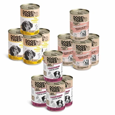 Abbildung von Dogs’n Tiger Junior Hundefutter, Nassfutter, Getreidefrei ohne Zuckerzusatz &amp; künstliche Konservierungsstoffe, optimale Verträglichkeit, Mixpaket Happy Puppy, Welpen Futter, Geflügel Lamm, 12x 400g