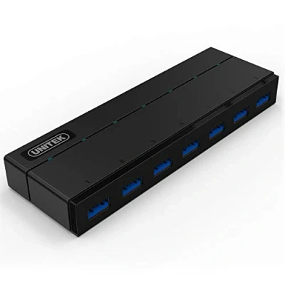 Abbildung von UNITEK Hub 7 Port USB 3.0 aktiv mit Stromversorgung, Datenhub Multiport Verteiler für PC, Laptop, Tastatur, Mouse, Drucker, iOS (Mac) + Windows Kompatibilität, Plug&amp;Play, Schwarz, Y 3184, 7x Stromversorgung