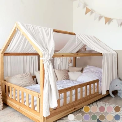Abbildung von lilimaus Betthimmel Musselin Hausbett Himmel für Kinderzimmer Baumwolle mit Gold, Gemütlicher Baldachin aus traumhafte Deko