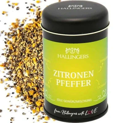 Abbildung von Hallingers Spritziger Zitronen Pfeffer Premium für Gemüse, Marinade &amp; Salatdressing (Dose) Adventskalender Neuheiten befüllen Neues Zuhause Ruhestand Genesung