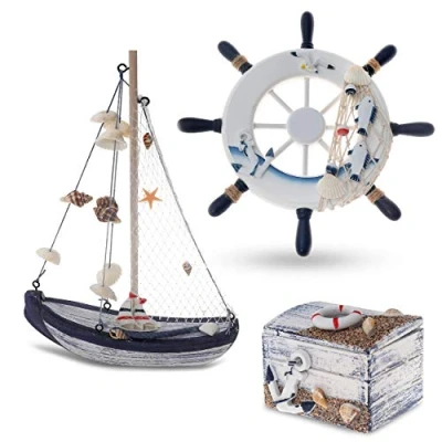 Abbildung von Flanacom Maritime Badezimmer Deko 3er Set Steuer Rad, Segel Schiff und Schatz Truhe aus Holz liebevoll gestaltete Badaccessoires mit Details (Design 2 2)