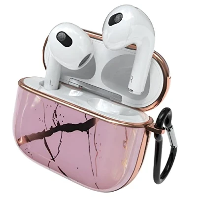 Abbildung von EAZY Case Schutzhülle für AirPods 3 Hülle Rosa Hard Stoßfest mit Karabiner geeignet als Schlüsselanhänger Antikratz Etui rutschfest Hardcase Airpod 3. Generation in Rosegold Marmor