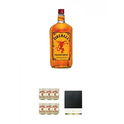 Abbildung von Fireball Whisky Zimt Likör Kanada 0,7 Liter + Gläser mit Schriftzug 6 Stück Schiefer Glasuntersetzer eckig ca. 9,5 cm Durchmesser
