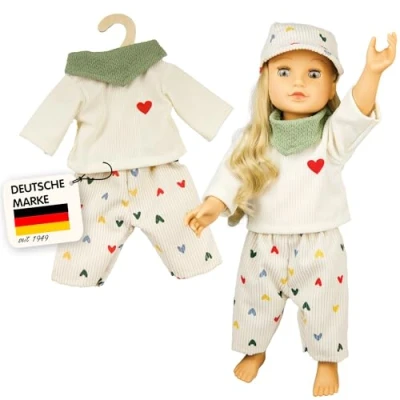 Abbildung von Heless 2516 Puppenkleidung &#039;&#039;Herz Konfetti&#039;&#039;, 3 teiliges Set mit Kordhose, T Shirt und Tuch, für Puppen Kuscheltiere der Größe 35 45 cm