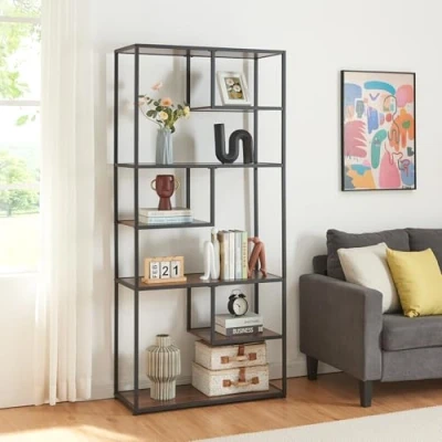 Abbildung von [en.casa] Bücherregal Østre Standregal 180 x 83 34 cm Raumteiler Mehrzweckregal mit 6 Fächern Regal Metallgestell Schwarz/Walnussoptik