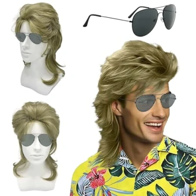 Abbildung von UILYNIU Herren 80er Jahre Vokuhila Perücke Lange Lockig Mullet Rocker Punk Popstar 70er 90er Cosplay Retro Disco Kostüm Halloween Karneval Blonde Männer (Blonde)