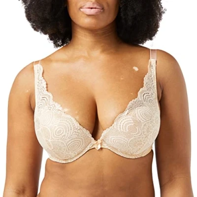 Abbildung von Wonderbra Damen Cleavage Triangle BH aus schimmernder Spitze mit natürlichem Push Up Effekt , Bracreamy pearl, 85 E
