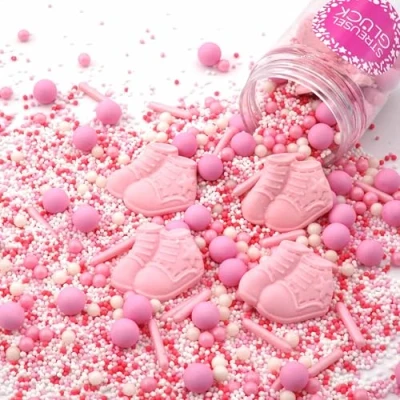 Abbildung von Streusel Glück Schühchen rosa weiss Schuhe Baby 90g Zuckerstreusel Sprinkles Tortendeko Geburtstag Frühling Verzierung von Plätzchen Torte Kuchen Cupcakes Muffins
