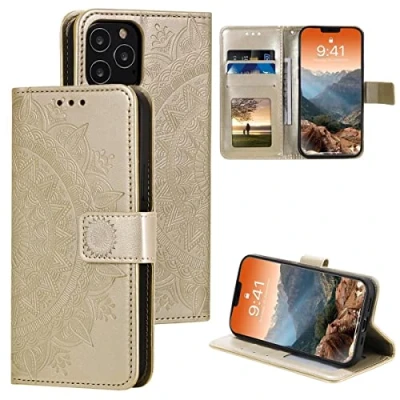 Abbildung von CoverKingz Handy Case kompatibel mit iPhone 12 Pro Max [6,7 Zoll] Cover Kartenfach Phonecase Smartphone Hülle klappbar Motiv Mandala Gold