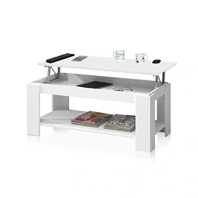 Abbildung von Habitdesign Couchtisch mit Zeitschriftenständer, Hubtisch, Esszimmermöbeltisch, Artik White Finish, Maße: 102 cm (Länge) x 43/54 (Höhe) 50 (Tiefe)