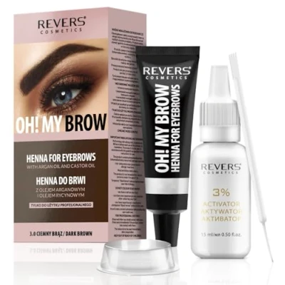 Abbildung von REVERS COSMETICS Augenbrauenfarbe Dunkelbraun mit Arganöl und Rizinusöl (Omega 6, Karotin, Vitamine A, E, F) Natürliches Ergebnis, Hält bis zu 4 Wochen, 15+ Anwendungen