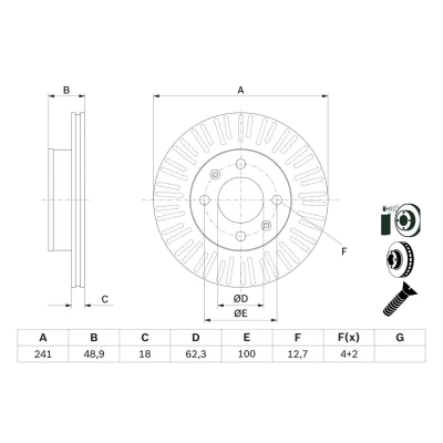 Abbildung von BOSCH 0 986 479 E73 Bremsscheibe 241 18 4 100 Belüftet beschichtet mit Schrauben HYUNDAI: i10 I, II Schrägheck, Limousine, KIA: Picanto I