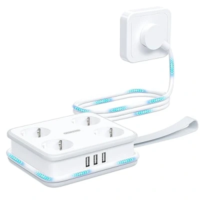 Abbildung von 4 Fach Steckdosenleiste mit 3 USB A NTONPOWER Mehrfachsteckdose Kindersicherung 1,6 Meter Verteilersteckdose Wandmontage, Weiß