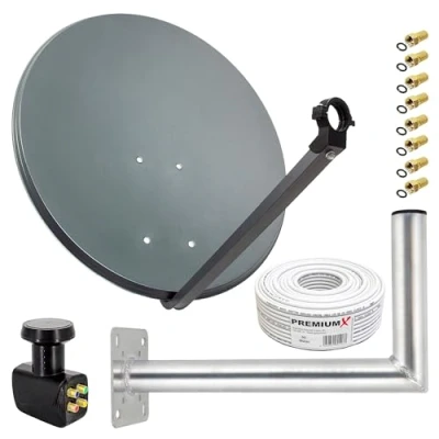 Abbildung von Premium X Satelliten Komplettanlage 80cm Satellitenschüssel ALU Quad LNB 50m Kabel F Stecker 45cm Wandhalter, SAT bis 4 Teilnehmer