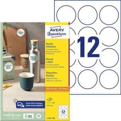 Abbildung von AVERY Zweckform L3416 100 runde Etiketten (zum Bedrucken, selbstklebend, Ø 60 mm, A4, 1.200 Aufkleber auf Blatt, Klebepunkte zum Kennzeichnen von Unterlagen, Produkten) weiß