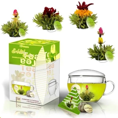 Abbildung von Creano Teeblumen Geschenkset ErblühTeelini Grüner Tee mit Teeglas und 8 im Tassenformat Geschenk zu Weihnachten