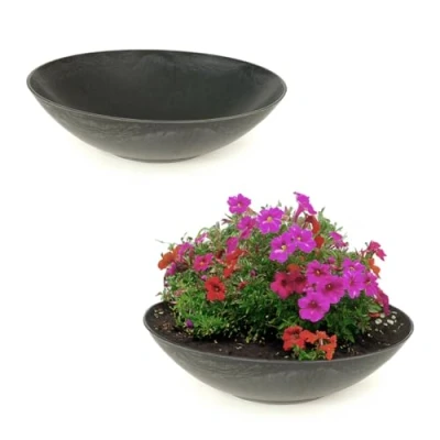 Abbildung von matches21 HOME &amp; HOBBY Blumentopf Pflanzschalen für draussen Dekoschalen rund 2er Set schwarz 28 cm (2 St), Blumen Schale als wetterfeste Friedhof Grab Schmuck Grabschale