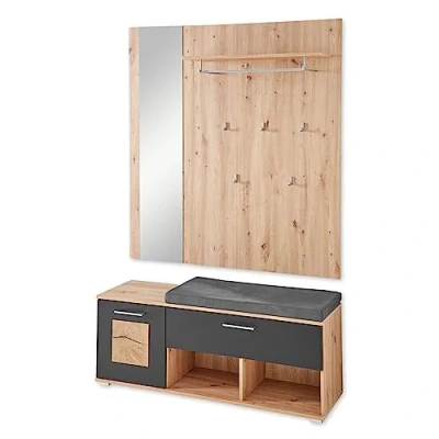 Abbildung von DEINE TANTE EMMA 30H3HS61 Garderobe Set mit Paneel, Bank und Spiegel Fun Artisan Eiche Nb. / schwarz matt ca. 126 x 193 38 cm