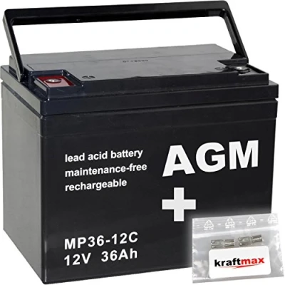 Abbildung von kraftmax 2X AGM 12V / 36Ah Blei Akku MP36 12C [ M6 Innengewinde ] Zyklenfest inkl. Original Anschluß Adapter
