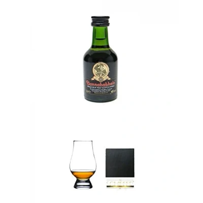 Abbildung von Bunnahabhain 12 Jahre Single Malt Whisky Miniatur 5 cl + The Glencairn Glass Glas Stölzle 1 Stück Schiefer Glasuntersetzer eckig ca. 9,5 cm Durchmesser