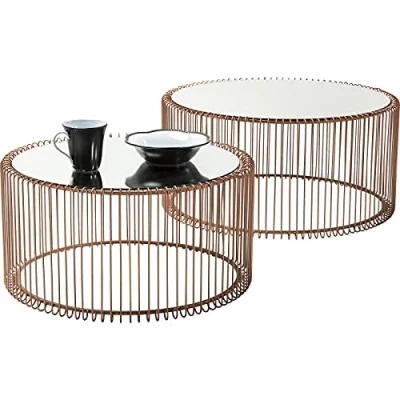 Abbildung von Kare Design Couchtisch Wire, Kupfer, 2er Set, rund, verpiegelte Tischplatte, Moderner Glastisch, Großer Beistelltisch, Kaffeetisch, Nachttisch, 60/70cm Durchmesser