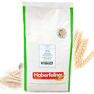 Abbildung von Dinkelmehl 25 kg Typ 630 von Haberfellner Glattes Mehl aus Dinkel für alle Teige geeignet Brotmehl, Kuchenmehl, Nudelmehl Beste Qualität ohne Gentechnik und pestizid kontrolliert
