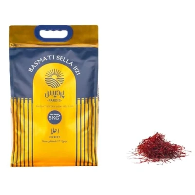 Abbildung von Pardis 5kg Premium Basmatireis Sella 1121 + 1g feinster Safran wiederverschließbarer Sack aus Indien Extra Langkorn für perfektes Biryani und Pilaf Natürlich aromatisch, vegan, glutenfrei