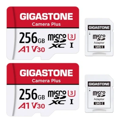 Abbildung von Gigastone Kamera Plus 256GB MicroSDXC Speicherkarte 2er Pack + SD Adapter, für Action und Drohne, Lesegeschwindigkeit bis zu 100MB/s, Full HD Videoaufnahme, A1 U3 Klasse 10 Micro Karte UHS I