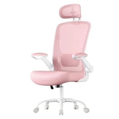 Abbildung von SONGMICS Bürostuhl ergonomisch, Schreibtischstuhl, Drehstuhl mit Mesh, gepolsterte Lendenstütze, Wippfunktion, 53 cm große Sitzfläche, klappbare Armlehnen, Kopfstütze, pastellrosa OBN047R01