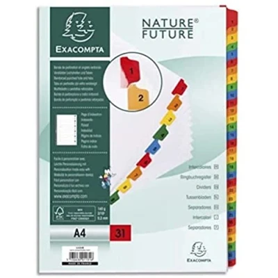 Abbildung von Exacompta 1131E Karton Register 1 31 für DIN A4 aus teilig volle Höhe 21 x 29,7 cm weiß, bunte verstärkte Taben mit Indexseite Trennblätter Trennstreifen Ordner
