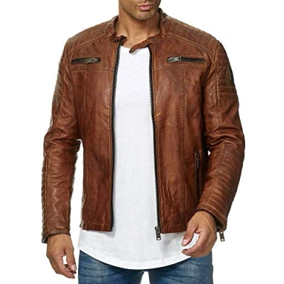 Abbildung von Redbridge Herren Jacke Übergangsjacke Biker Lederjacke Echtleder Kunstleder Baumwolle mit gesteppten Bereichen M Dirty Braun