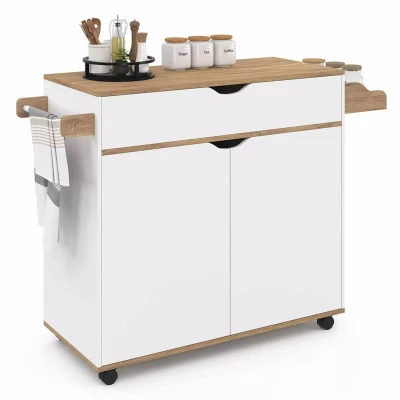 Abbildung von IDMarket Küchenwagen Cosy XXL Schrank mit weißer Schublade und Platten in Buche Optik, Länge 90 cm