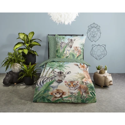 Abbildung von good morning Kinderbettwäsche Thabo, Renforcé, 2 teilig, Baumwolle, 135x200, Wende, Kind, Zebra Giraffe Löwe Affe, safari, grün